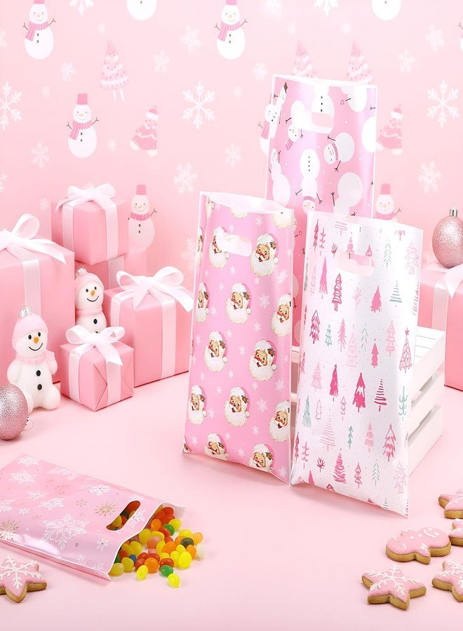 Blosssound Pieces Pink Christmas Treat Bags Bulk - Snowman Snowflakes Santa Claus Plastic Xmas Bags for Winter Holiday Christmas Party Favors Goodie Candy Packing Supplies (100 Pcs) - Image 4